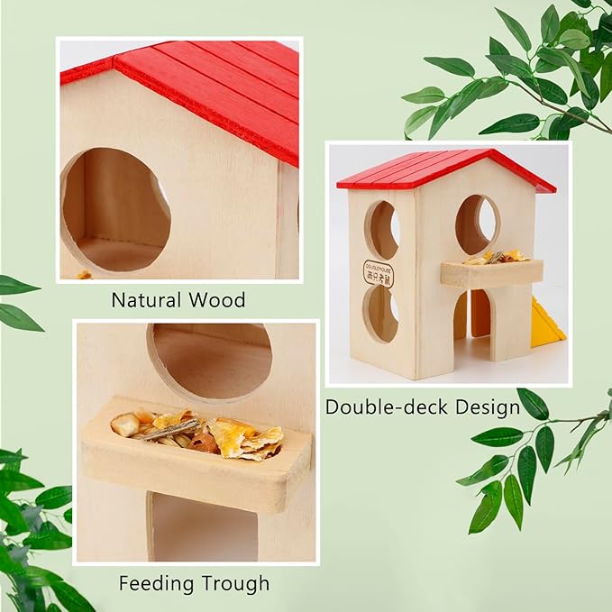 Hypeety Wooden Hamster Villa House & Maze Hideout Cage - Exercise Toys for Dwarf Hamsters, Gerbils, and Small Pets Natural Wooden Habitat with Climbing Accessories (Villa House)