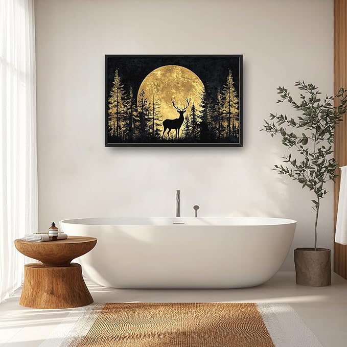 Large Moon Forest Deer Wall Art for Living Room, Black Deer Canvas Oversized Wall Decor, Elk Animal Aesthetics Framed Pictures Painting Print Artwork for Bedroom Office 36L" x 24W"