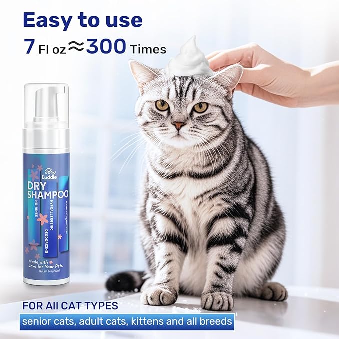 Waterless Cat Shampoo - No Rinse Foam Cat Bath | Licking Safe Dry Shampoo for Dander Reducing | pH Balanced (7 oz) for Kitten Sensitive Skin | Deep Cleansing Relieves Itchy Skin & Shedding
