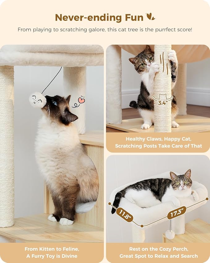 PETEPELA Wood Cat Tree for Indoor Cats Multi-Level Tower with Sisal Covered Scratching Posts, Cozy Condo, Super Large Hammock and Plush Perches Faux Rabbit Milk Fur Beige Rabbit Fur Wood Beige
