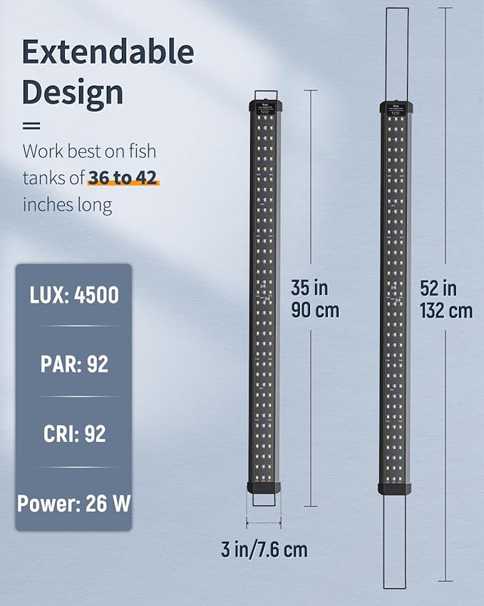 Pawfly 28W Aquarium LED Light for 36 to 42 Inch Fish Tanks Extendable Fish Tank Light with Full Spectrum Brilliant White Blue Red Lights with Daytime & Night Modes and Adjustable Brightness