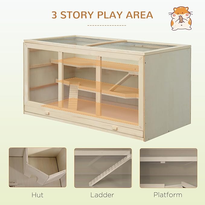 PawHut 45" Extra Large Wooden Hamster Cage, 3-Layer Chewproof Rat Cage with Opening Roof, Hut, Ramps, for Gerbil, Dwarf & Syrian Hamsters, Natural