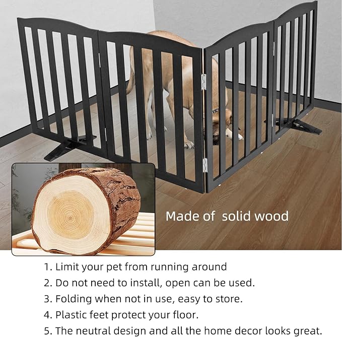 ZJSF Foldable Freestanding Indoor Dog Gate for House Wood Long Pet Gates Dog Fence for Stairs Puppy Gates for Hallways, Puppy Gate,Support Feet Included, Black, 32 "Height-3 Panels