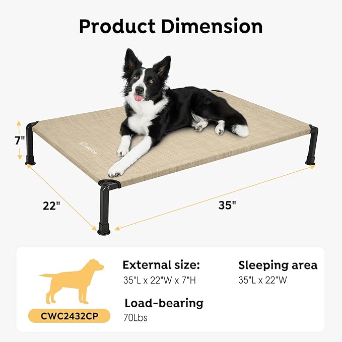 Veehoo Heavy Duty Elevated Dog Bed - Raised Dog Cot with Washable & Breathable Teslin Mesh, Non-Slip Silicon Feet, Cooling for Indoor or Outdoor, 35" x 22", Beige Coffee