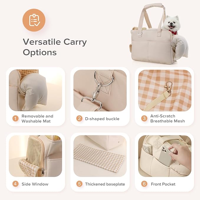 Dog Purse Carrier for Small Dogs, Soft Soft Sided Folding Dog Carriers for Small Dogs Medium Cats Puppies up to 15 Lbs, Washable Breathable Puppy Carrier for Outdoor Travel (Large Beige)