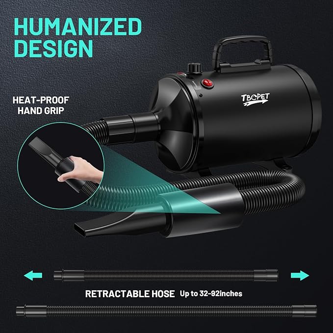 Dog Dryer High Velocity Dog Hair Dryer with 4 Nozzles 5.2HP/3800W (Professional Super Cyclone), Stepless Adjustable Speed Temperature Dogs Grooming Blow Dryer with Heater for Pets Hair Dryer, Black