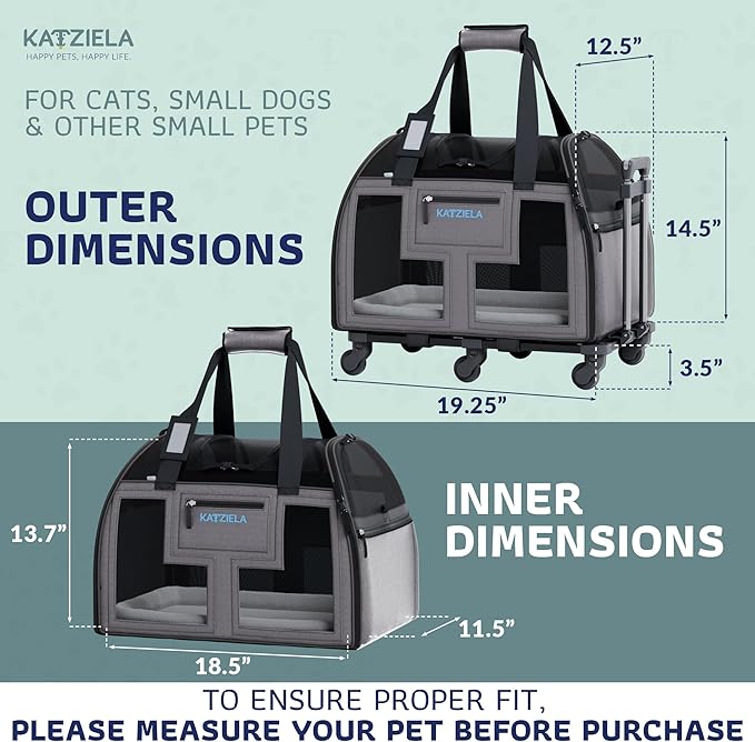 Katziela Airline Approved Pet Carrier - Rolling Portable Travel Carry Crate for Small Dog, Puppy or Cat - Soft Removable Wheeled Design with Mesh Window Sides - Airplane and TSA Compliant (Dark Grey)