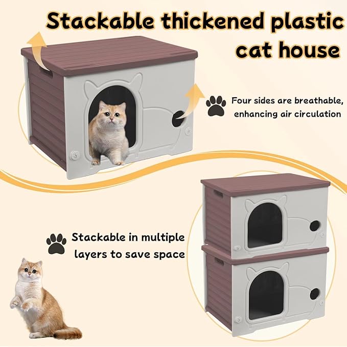 Plastic Outdoor Cat House Waterproof Feral Cat Shelter(Coffee)