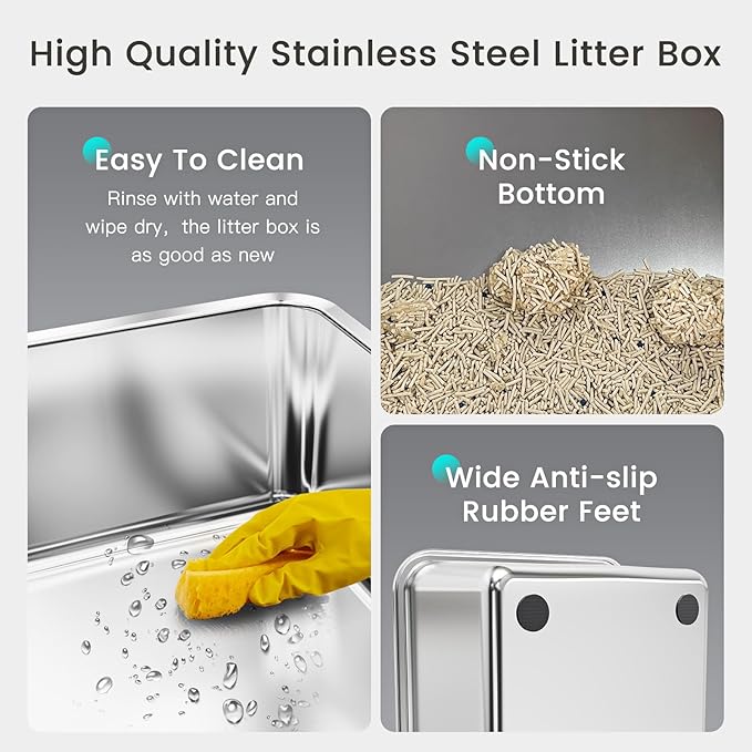 Tripamin 2PACK Stainless Steel Litter Box, 8" Metal Litter Boxs with Lid High Sides, XL Extra Large Litter Box for Big Cats, Leak-Proof, Easy Cleaning, Non-Sticky(Translucent Black)