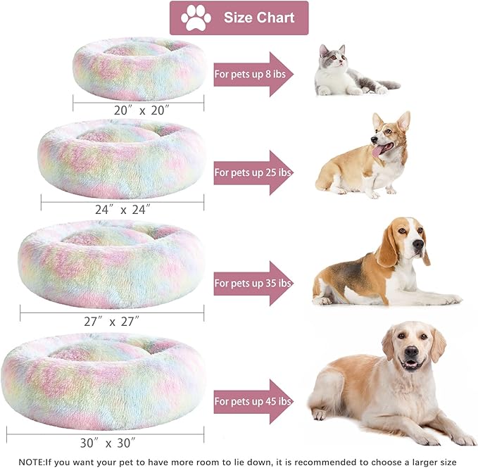 WNPETHOME Calming Dog Bed Cat Bed Donut, Faux Fur Pet Bed Self-Warming Donut Cuddler, Comfortable Round Plush Dog Beds (27 x 27 x 8 Inch, Rainbow)