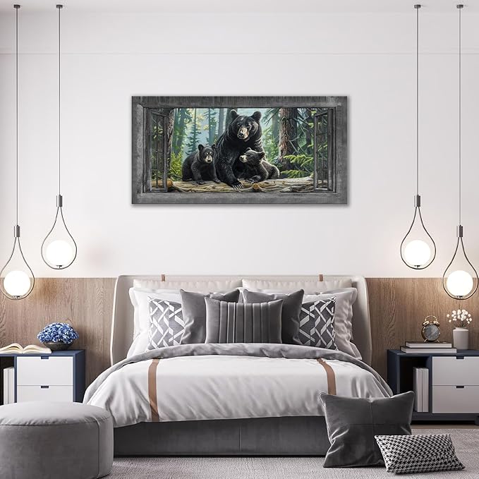 Large Wall Art Black Bear Canvas Cabin Living Room Pictures Prints Forest Oversize Wall Decor Animal Painting Artwork for Bedroom Dining Office Home 60"x30"