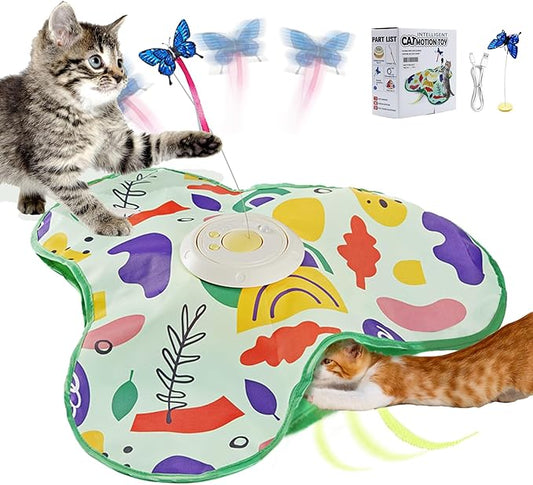 Interactive Cat Toy, Automatic Kitten Toys for Indoor Cats, Hide and Seek Cat Toy Kitten Wand Toy Cat Exercise Toys with Motion Activated, Moving Feather, Chirping