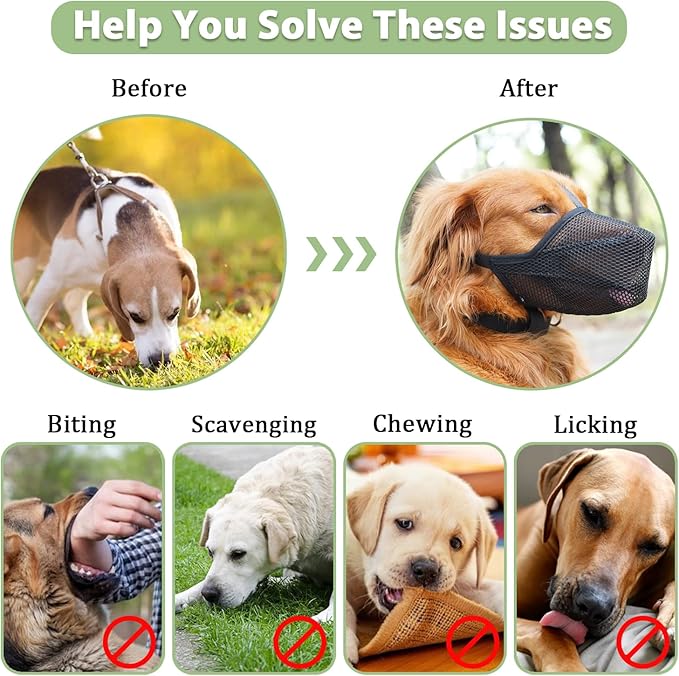 Mayerzon Dog Muzzle, Patented Soft Mesh Muzzle for Small Medium Large Dogs for Scavenging Biting Licking and Chewing, Allows to Pant and Drink (L, Black)