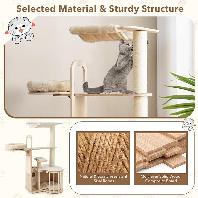 Tangkula Wood Cat Tree for Indoor Cats, 55 Inch Multi-Level Cat Tower Activity Center with Hammock, Cat Condo, Sisal Scratching Posts & Washable Cushions, Modern Cat Tree Houses for Large Cats