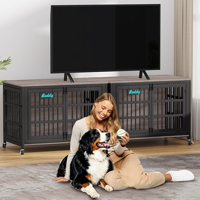 EasyCom 48"/42"/33" XXL Dog Crate Furniture with Casters, Heavy Duty Dog Kennel Indoor for Large Dogs, Escape-Proof and Chew-Proof Dog Cage for high Anxiety Dog, Decorate House as TV Stand, End Table