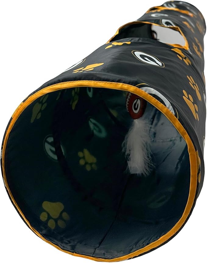 NFL Green Bay Packers Cat Tunnel Tube Toy with Plush Football Catnip and Feathers Collapsible Tunnel for Cats to Play, Peek and Hide, Sporty & Fun Cat Tunnel Toy with Team Logo All-Over Design!
