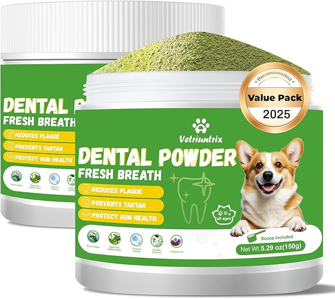 Dog Dental Care Powder - Plaque & Tartar Control with Natural Enzymes, Teeth Cleaning Powder for Dogs with Probiotic, Bad Breath Treatment for Small Medium Large Dogs