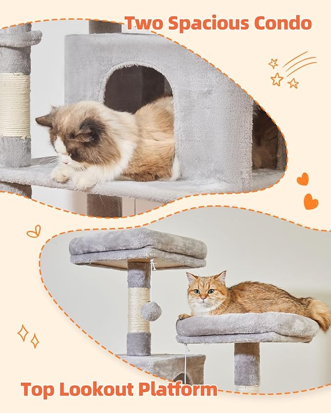 Taoqimiao 66-Inch Cat Tree Cat Tower for Indoor Cats, Plush Multi-Level Cat Condo with 7 Scratching Posts, 2 Perches, 2 Caves, Hammock, 2 Pompoms MS013W Light Gray