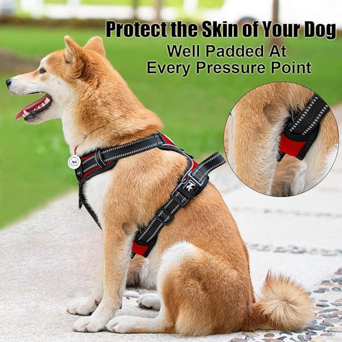 PoyPet No Pull Dog Harness, Reflective Comfortable Vest Harness with Front & Back 2 Leash Attachments and Easy Control Handle Adjustable Soft Padded Pet Vest for Small to Large Dogs (Red,S)