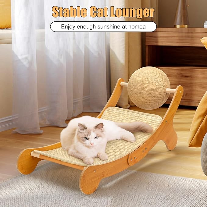 Outamateur Sisal Cat Scratcher Bed, Cat Hammock Chair, 3 in 1 Cats Scratcher Lounge, Cats Mini Beach Chair with Toy Ball, Pet Beds with Removable Sisal Pad for Indoor Small Animal, Puppy, Rabbit