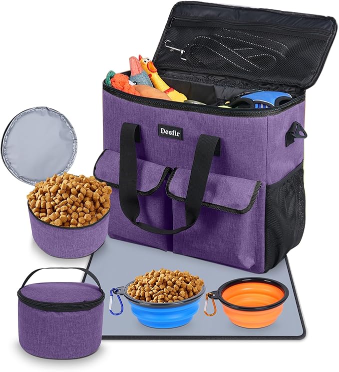 Large Pet Travel Bag Organizer - Dog & Cat Tote with Food Containers, Bowls, Feeding Mat, Perfect for Camping, Hiking (Multi-Pocket Design)
