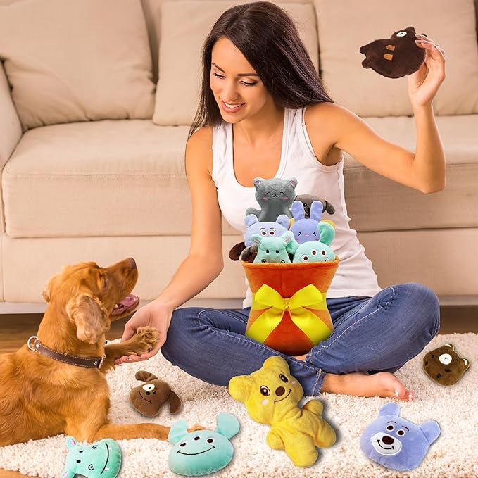 Squeaky Dog Toys, 11 Pcs Interactive Dog Plush Toy Collection in Flower Bouquet Packaging,10 Adorable Animal Plushies for Endless Play & Training