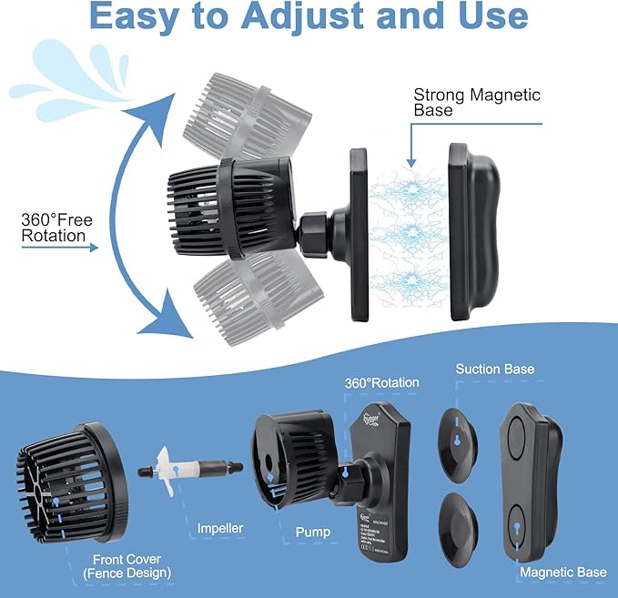 hygger 2100 GPH Aquarium Wave Maker Pump with Strong Magnetic Suction Base, Ultra-quiet 360 Degree Rotating Submersible Power Head, for 75-130 Gal Freshwater Saltwater Tank