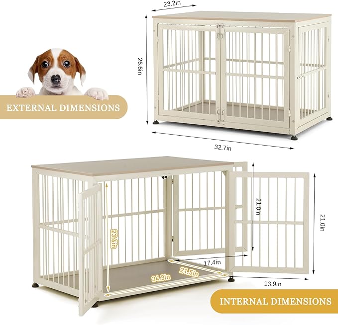 48" Rustic Heavy Duty Dog Crate Furniture for Extra Large Dogs, Decorative Pet House End Table, Wooden Cage Kennel Furniture Indoor, Double-Doors Sturdy Dog Cage
