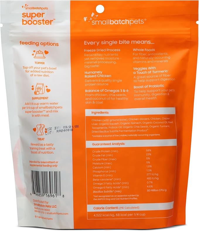 smallbatch Freeze Dried Dog Treats, Superfood Food Topper Chicken Bites for Dogs & Cats, Probiotics, Organic Ingredients, High Protein, Grain Free Healthy Treat Food Topper, Made in The USA, 7 oz Bag