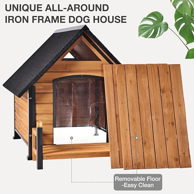 Large Dog House Outdoor Indoor All-Around Iron Frame Design Dog House with Porch＆Raised Feet for Small Medium Large Dogs（Brown）