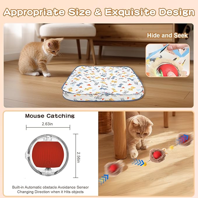 Rocfish Interactive Cat Toys Ball - Automatic Fast Rolling Ball in Play Mat, Hide and Seek Mouse Catching Game, Low-Noise Cat Enrichment Toys in Pouch for Indoor Bored Cats (Red Toy & Square Mat)