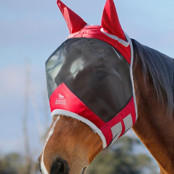 Harrison Howard CareMaster Pro Luminous Horse Fly Mask Large Eye Space Standard with Ears UV Protection for Horse Red XL Extra Full