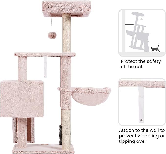 Heybly Cat Tree with Cat Self Groomer Brush, Cat Tower Condo for Indoor Cats with Padded Plush Perch, Cat House with Basket Scratching Board Post, Muchroom HCT005SMU