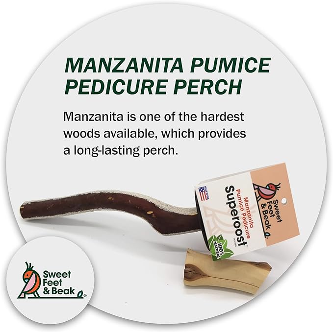 Superoost Manzanita Pumice Pedicure Perch- Easy to Install Bird Cage Accessories for Healthy Feet, Nails and Beak - Natural Bird Perches Imitates Birds' Life in The Wild - L 12"