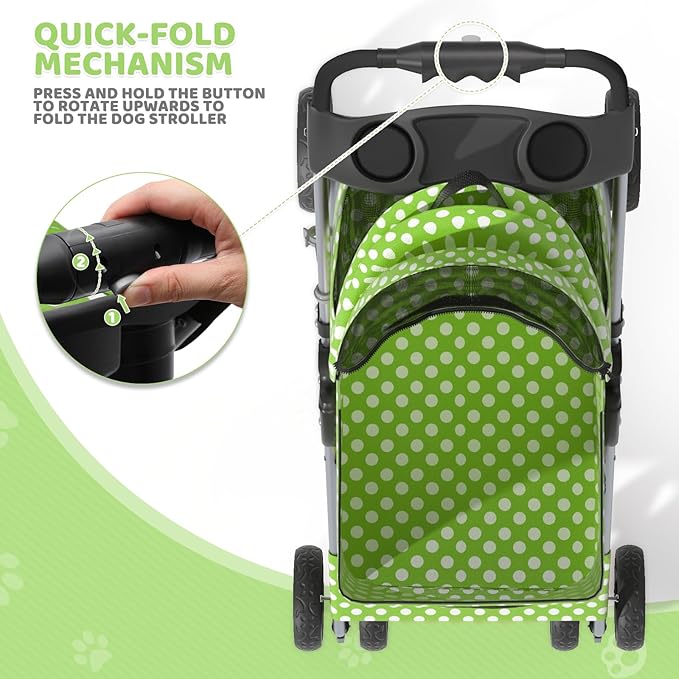 Magshion Foldable Pet Stroller, 3-in-1 Dog Travel Jogger with Detachable Carrier, Cup Holder, Storage Basket, Folding Carrier for Small/Medium Dogs & Cats Up to 33 lbs, Lawn Green Polka Dots
