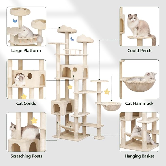 85inch Heavy Duty Cat Tree for Indoor Cats Large Adult, Tall Giant Cat Tower with Scratching Post, Large Perches, Cozy Cat Condos & Hanging Hammocks, Beige