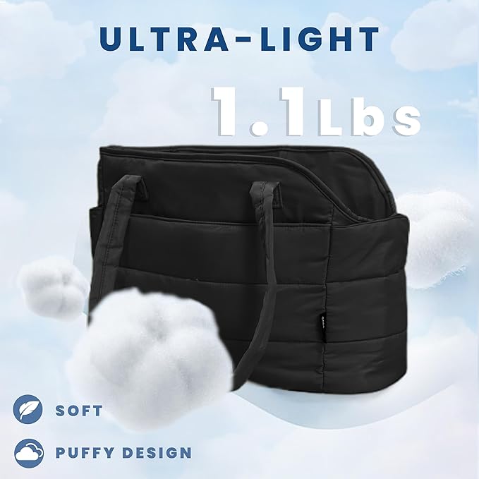 Lightweight Dog Purse Carrier for Small Dogs Under 15 lbs, Puffy Quilted Pet Carrier Tote for Puppies with Safety Leash Clip, Women's Hands-Free Dog Carrier Bag for Travel/Shopping (Black)