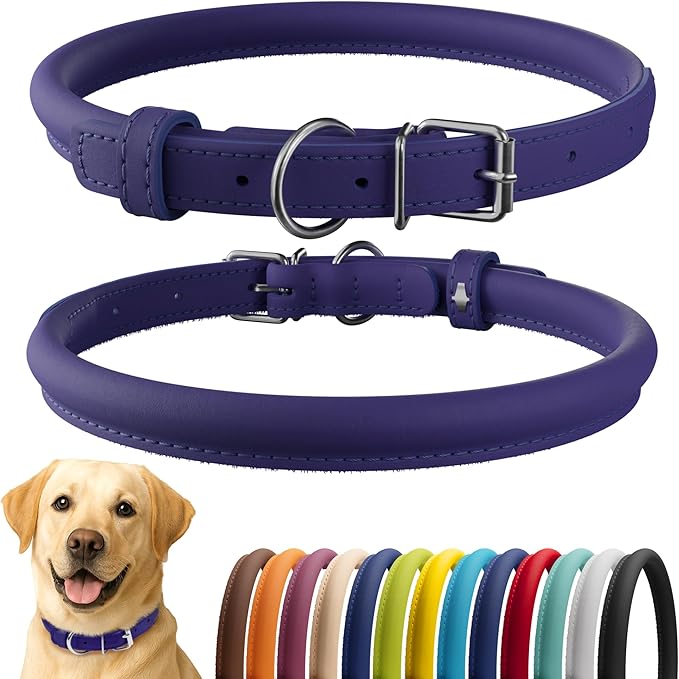 CollarDirect Rolled Leather Dog Collar, Soft Padded Round Puppy Collar, Handmade Genuine Leather Collar Dog Small Large Cat Collars 13 Colors (15-19 Inch, Purple Smooth)