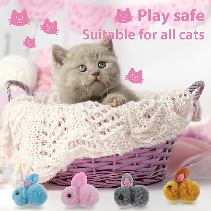 10Pcs Plush Toy Balls, Cute Bunny Shape Kitten Pompom Soft 5.5cm/2.16in Puff Ball Indoor Fun Colorful Cat Ball Toy Pom Pom Balls for Pet