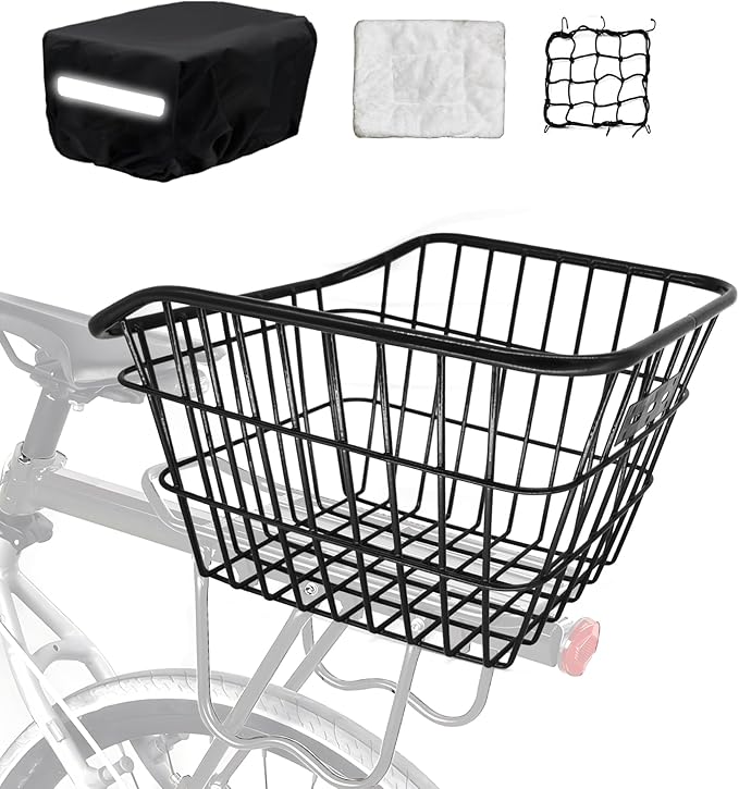 Rear Bike Basket, Tool-Free Install, Dog/Pet Carrier, Ebike Electric Bicycle Back Cargo Basket, Fits Most Rear Racks, with Waterproof Cover, Cargo Net