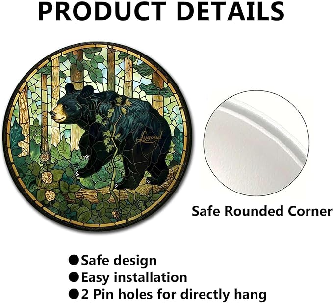 Lygond Metal Sign Tin Sign Circular Stained Glass American Black Bear Minimalist Wall Art for Garage 8×8 Inches