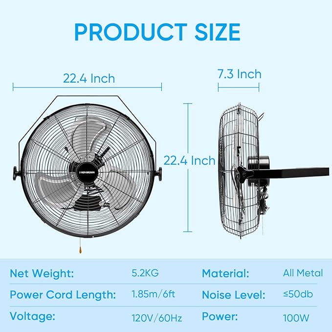 KEN BROWN 18 Inch Industrial Wall Mount Fan, 4300 CFM Metal Heavy Duty Fan, 3-Speeds High Velocity Oscillating Fans for Patios, Shop, Greenhouse, Garage, Commercial, Gazebo