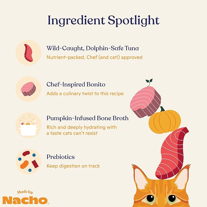 Made by Nacho Flaked Filets Recipe in Bone Broth, Grain-Free Chef's Selects Wet Food for Cats Balanced Diet in Naturally Hydrating Pumpkin-Infused Broth (3.0 oz (Pack of 12), Tuna & Bonito)