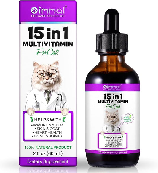 15-in-1 Multivitamin Drops for Cats - Immune Support, Skin & Coat Health, Digestion, Joint Care - with Vitamins A, B, C, D, E - Liquid Supplement for All Life Stages, Easy to Use, 2 fl.oz