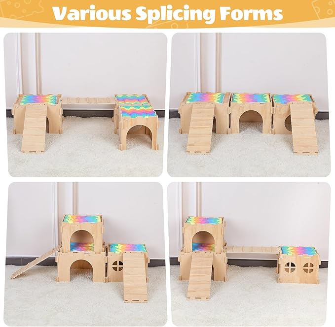 Guinea Pig Hideout, Guinea Pigs House with Stairs and Mats Extra Large Guinea Piggy Castle Detachable Hideouts for Small Animals Wooden Guinea Pig Habitats with Multiple Doors and Windows