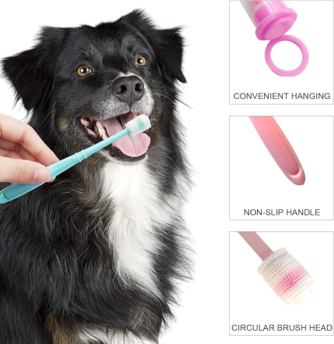 BLMHTWO 2 Pieces Cat Toothbrush, Dog Toothbrush 360-Degree Dog Toothbrushs Small with Independent Transparent Packaging Box and PP Handle Silicone Toothbrushs for Small Dogs (Green and Pink)