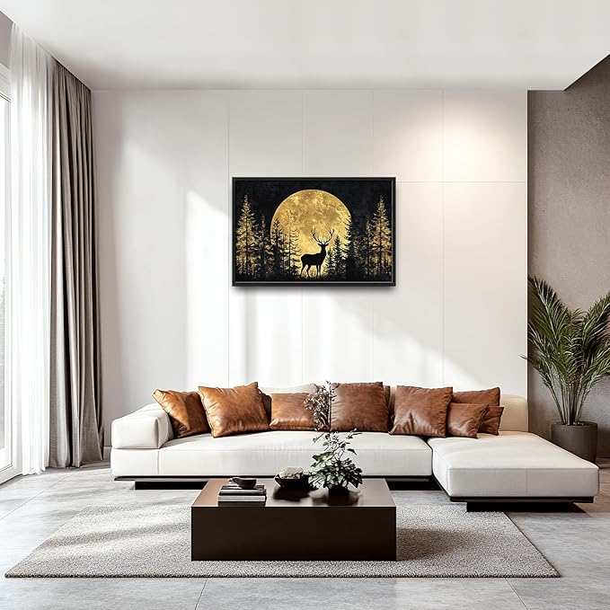 Large Moon Forest Deer Wall Art for Living Room, Black Deer Canvas Oversized Wall Decor, Elk Animal Aesthetics Framed Pictures Painting Print Artwork for Bedroom Office 36L" x 24W"
