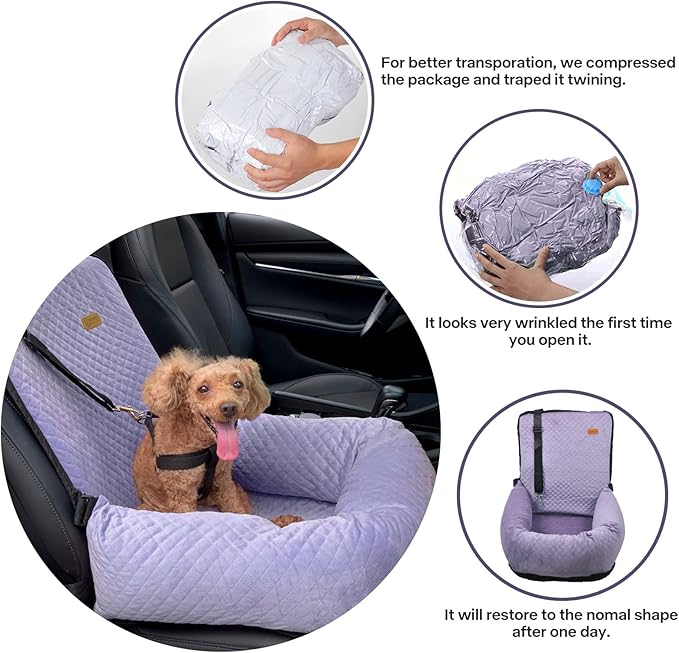 Dog Car Seat for Small Medium Dogs Up to 40lbs, Detachable Washable Soft Pet Booster Travel Bed for Front & Purple Seat with Safety Leash Belt