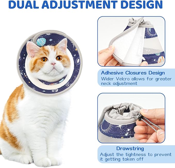 Breathable Air Mesh Cat Cone Collar Soft to Stop Licking, Adjustable, Foldable Lightweight Kitten Cones After Surgery Recovery for Cats & Kittens (Star Blue, M)