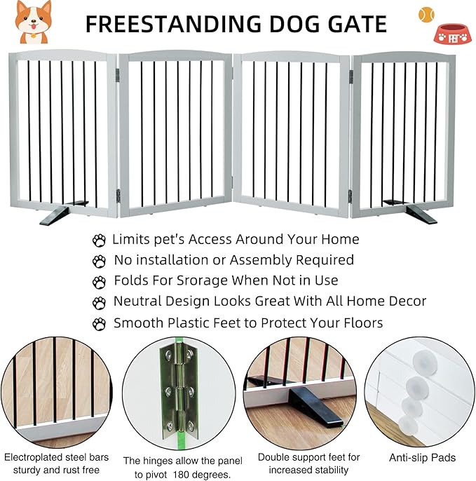 ZJSF Freestanding Panel Dog Gate for Indoor, Doorways,Stairs, or Hallways,Foldable Wooden White Pet Gates for House,Pet Gate for Dogs,Dog Fence, Puppy Gate,Support Feet Included,24 "Height-4 Panels